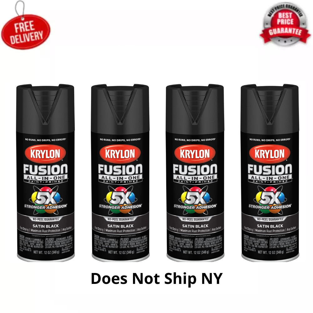 4 Pack Krylon Fusion All-In-One Satin Black Spray Paint, 12 oz, Indoor/Outdoor