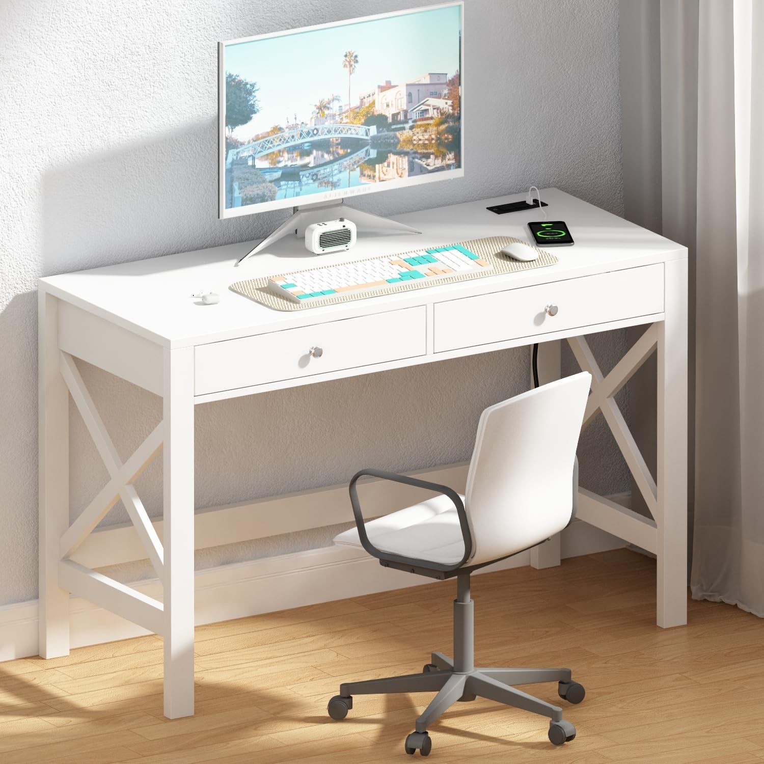 Computer Desk with USB Charging Ports and Power Outlets, Modern Simple 40 Inc...