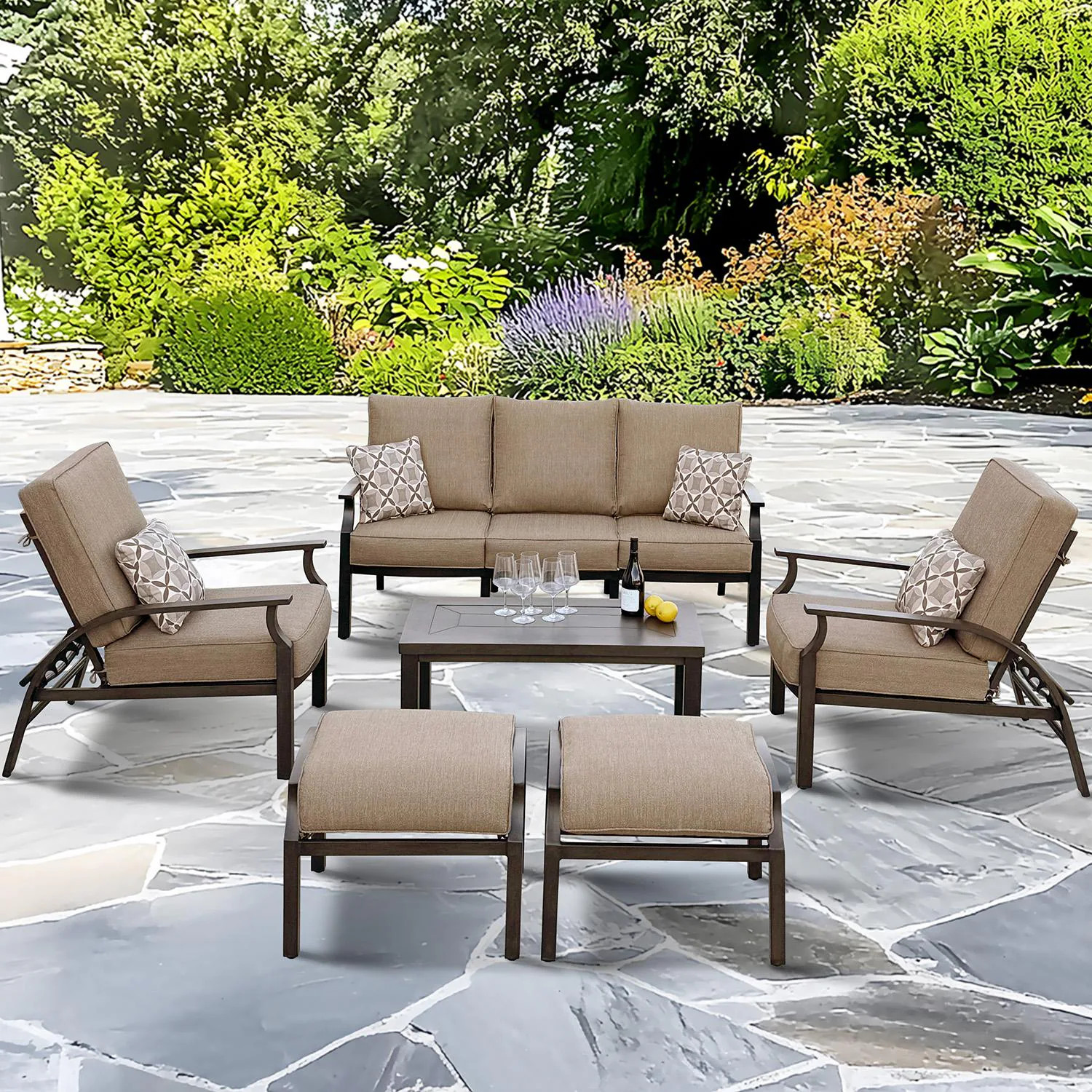 Brooklyn 6 Pc Aluminum Seating Set 43 X 21 Inch Table & Reclining Chairs in