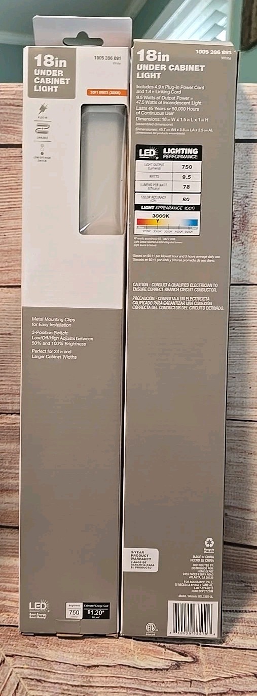"LOT OF TWO" Plug-In 18 in. LED Under Cabinet Light, White "NEW"
