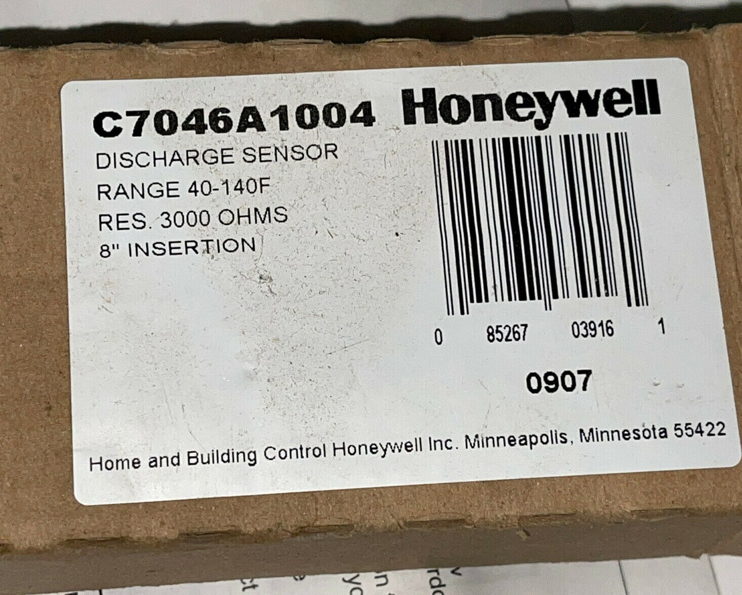 Honeywell C7046A 1004/U Discharge Sensor Range 40-110F 8" Insertion