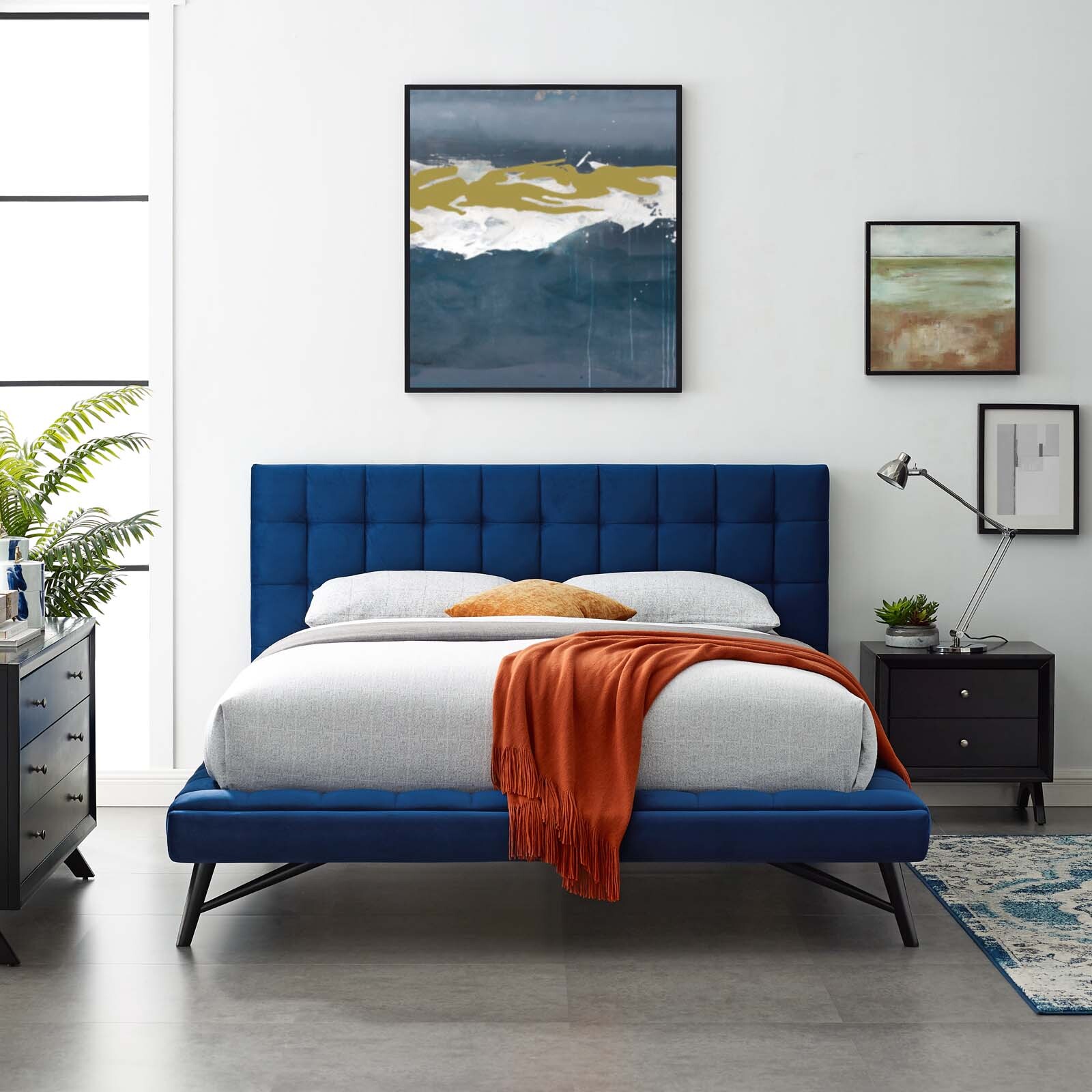 Modway Julia Queen Biscuit Tufted Performance Velvet Platform Bed in Navy