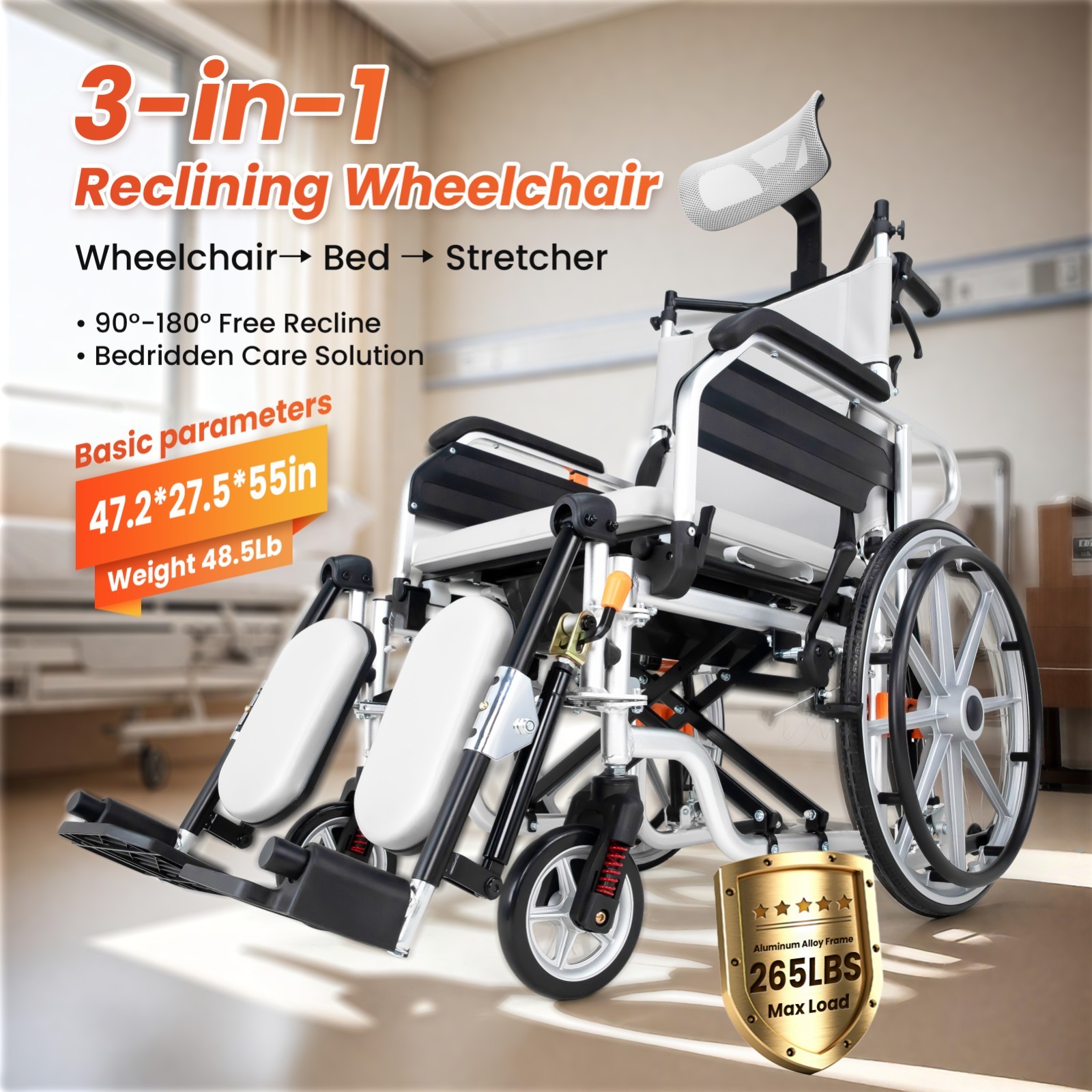 3-in-1 Multi-Purpose Wheelchair, Foldable Transport Wheelchair, Support 265 lbs