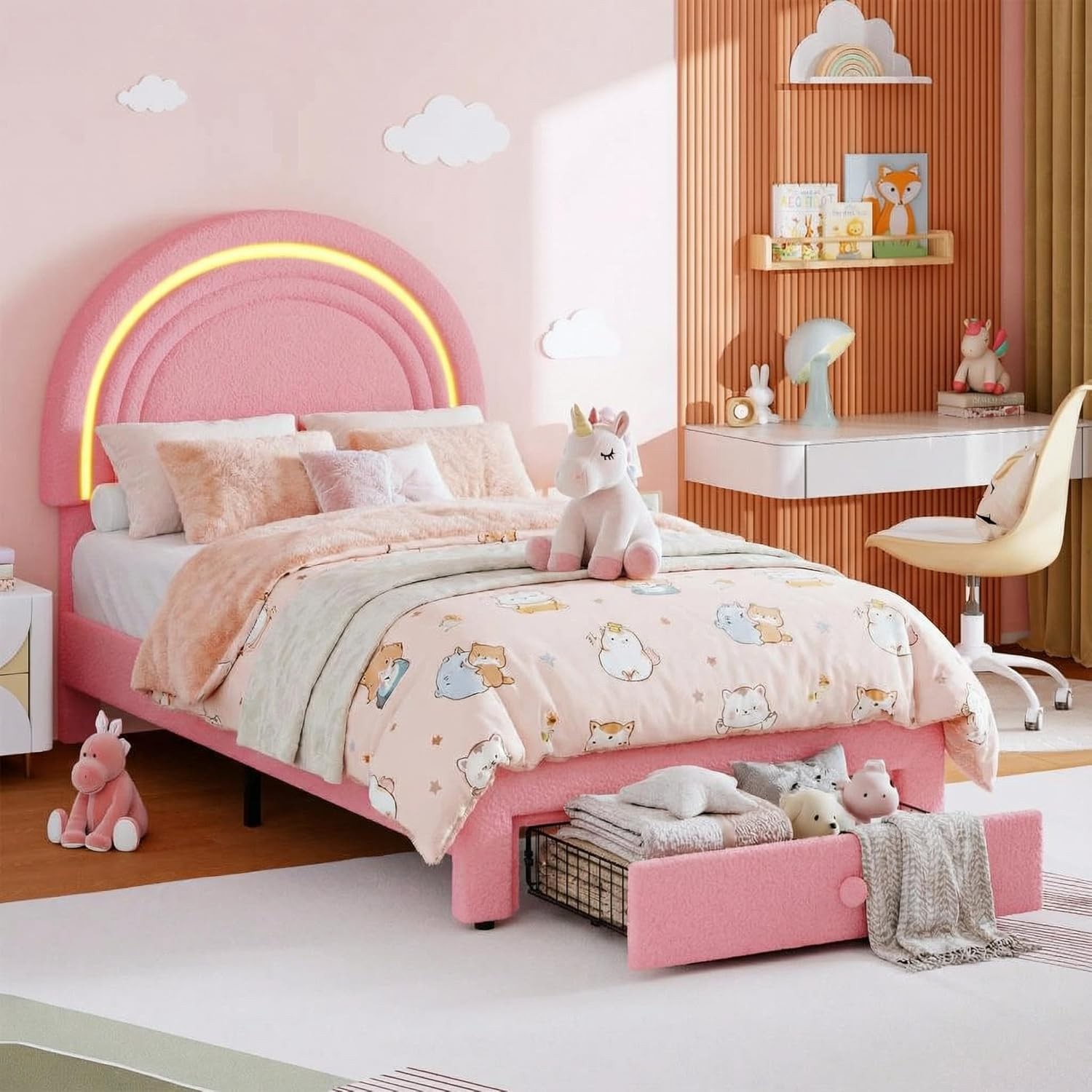 Twin LED Kids Bed Frame Rainbow Headboard Upholstered Platform Bed Storage Pink