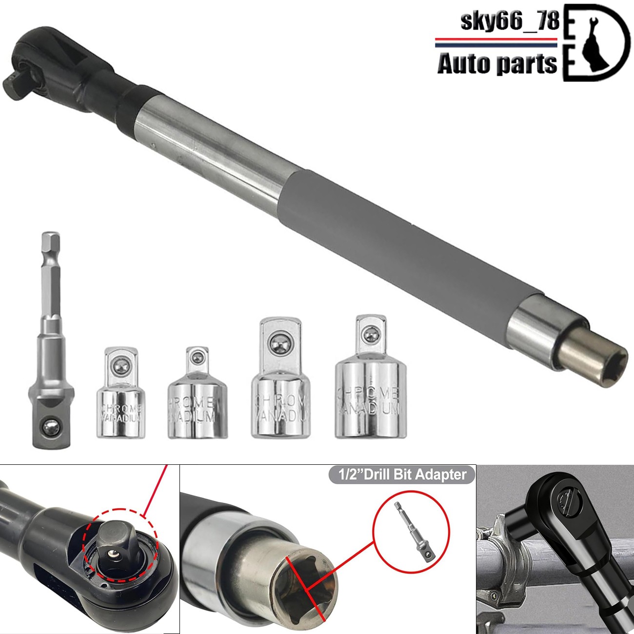 1/2" Offset Extension Wrench Impact Spanner for Electric Drill with 4 Adapters
