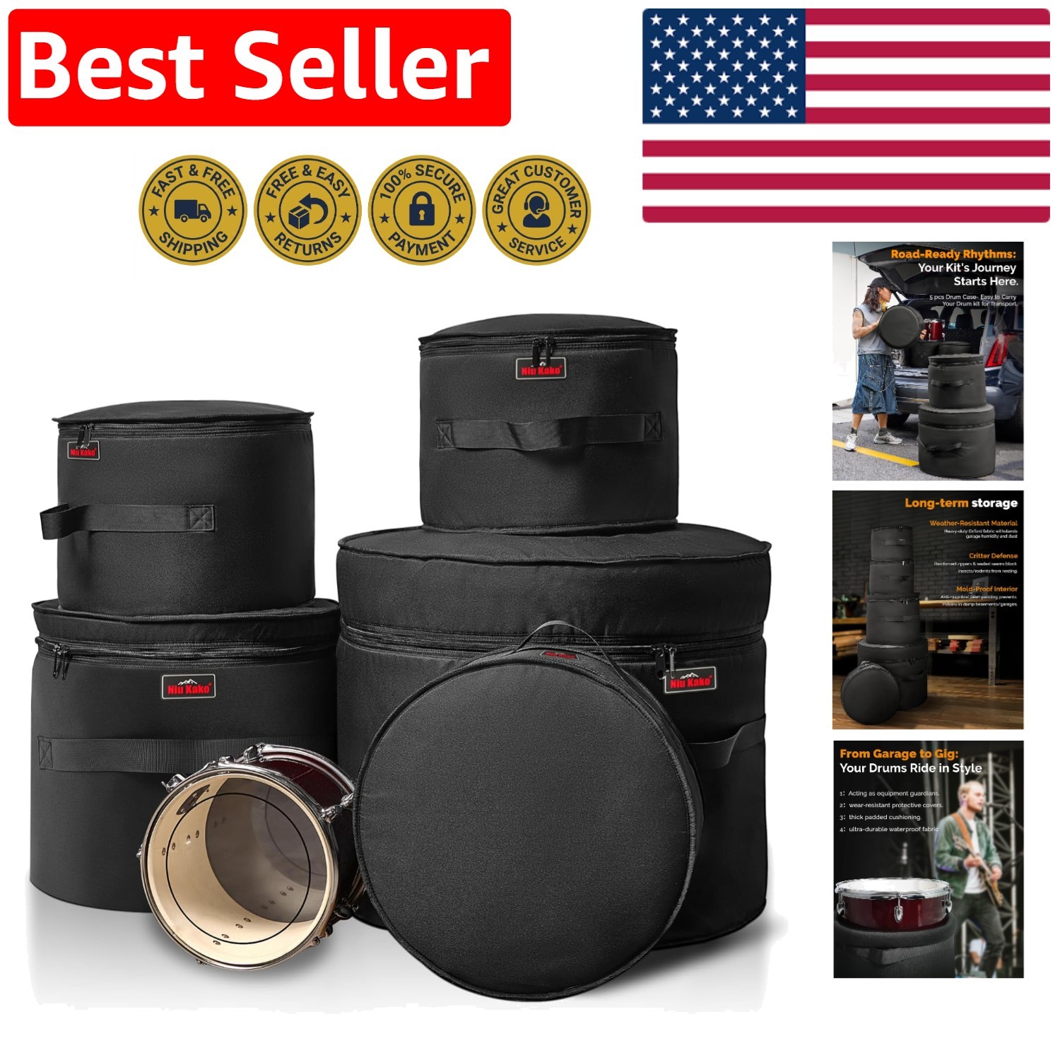 Professional 5-Piece Padded Drum Bag Set | Lightweight & Weather-Resistant Gear