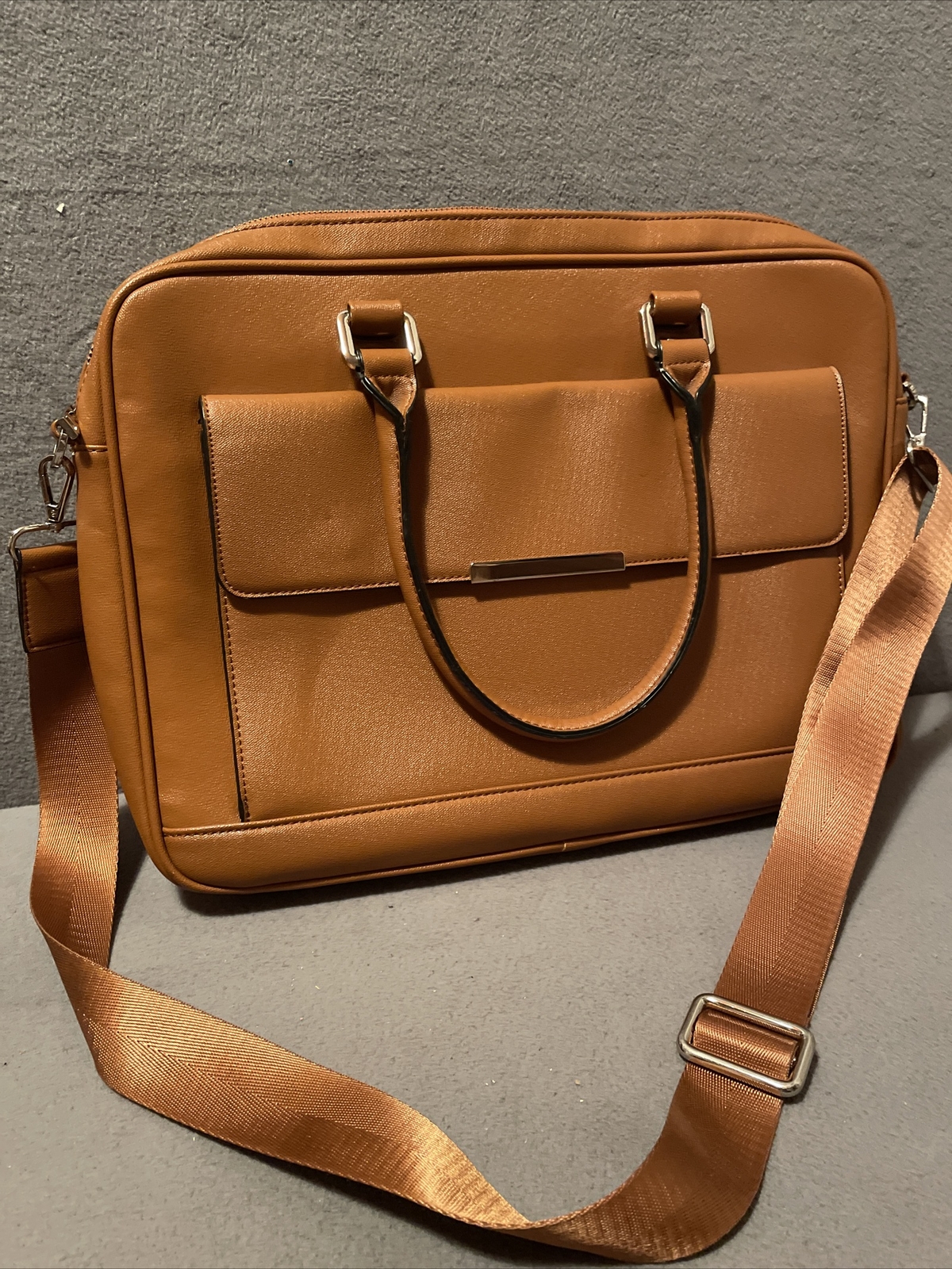 CODE Unisex Laptop Briefcase Brown Vegan Leather W Top Handle & Shoulder Strap