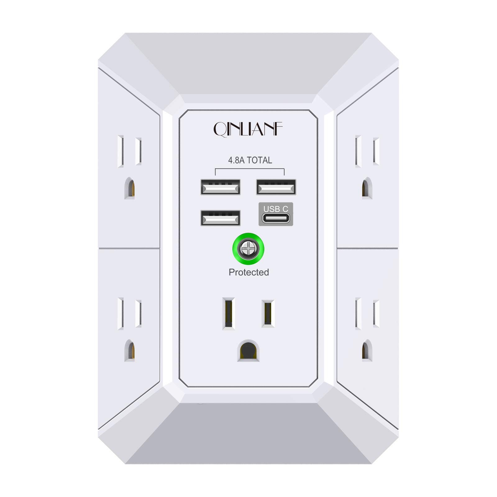 Wall Charger, Surge Protector, QINLIANF 5 Outlet Extender with 4 3U1C, White