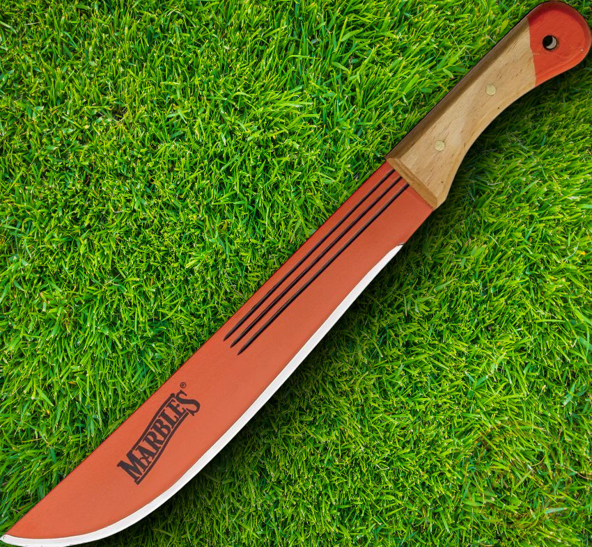 Marbles Scout Machete 14 Full Tang Orange Carbon Steel Blade Natural Wood Handle