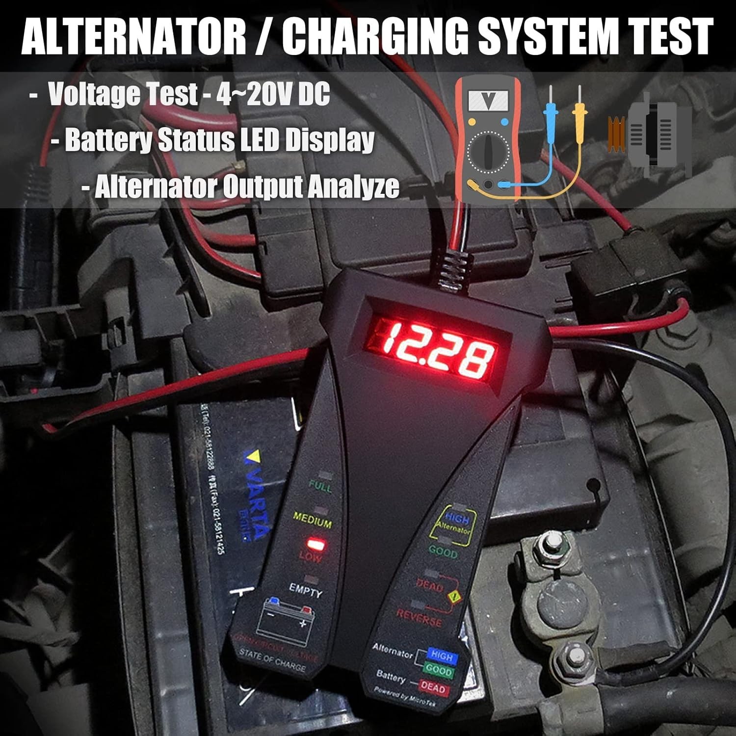 Versatile 12V Charging System Analyzer with LCD Display - Durable Rubber Finish