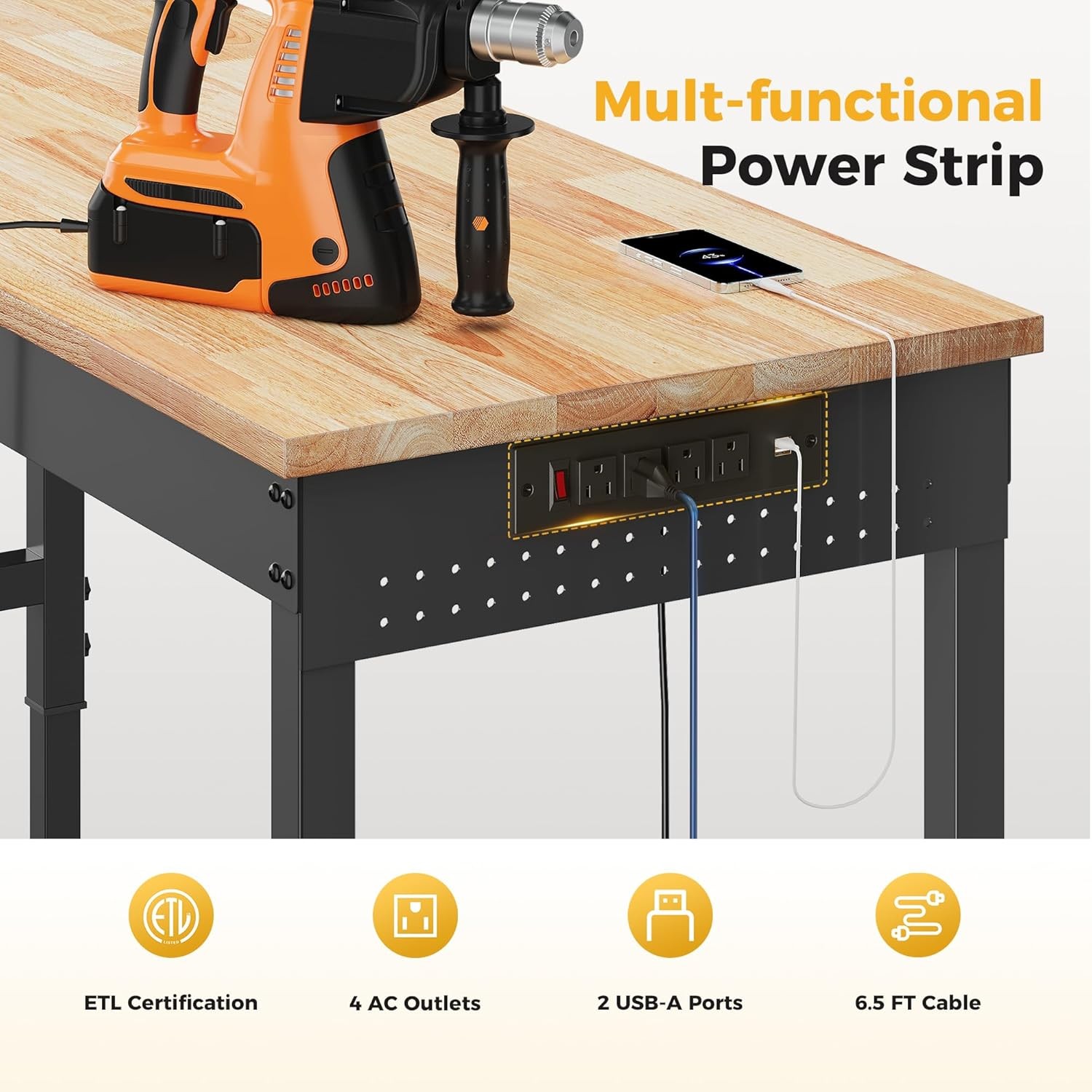 60" Adjustable Heavy Duty Workbench, 2000 LBS Load Capacity Rubber Wood