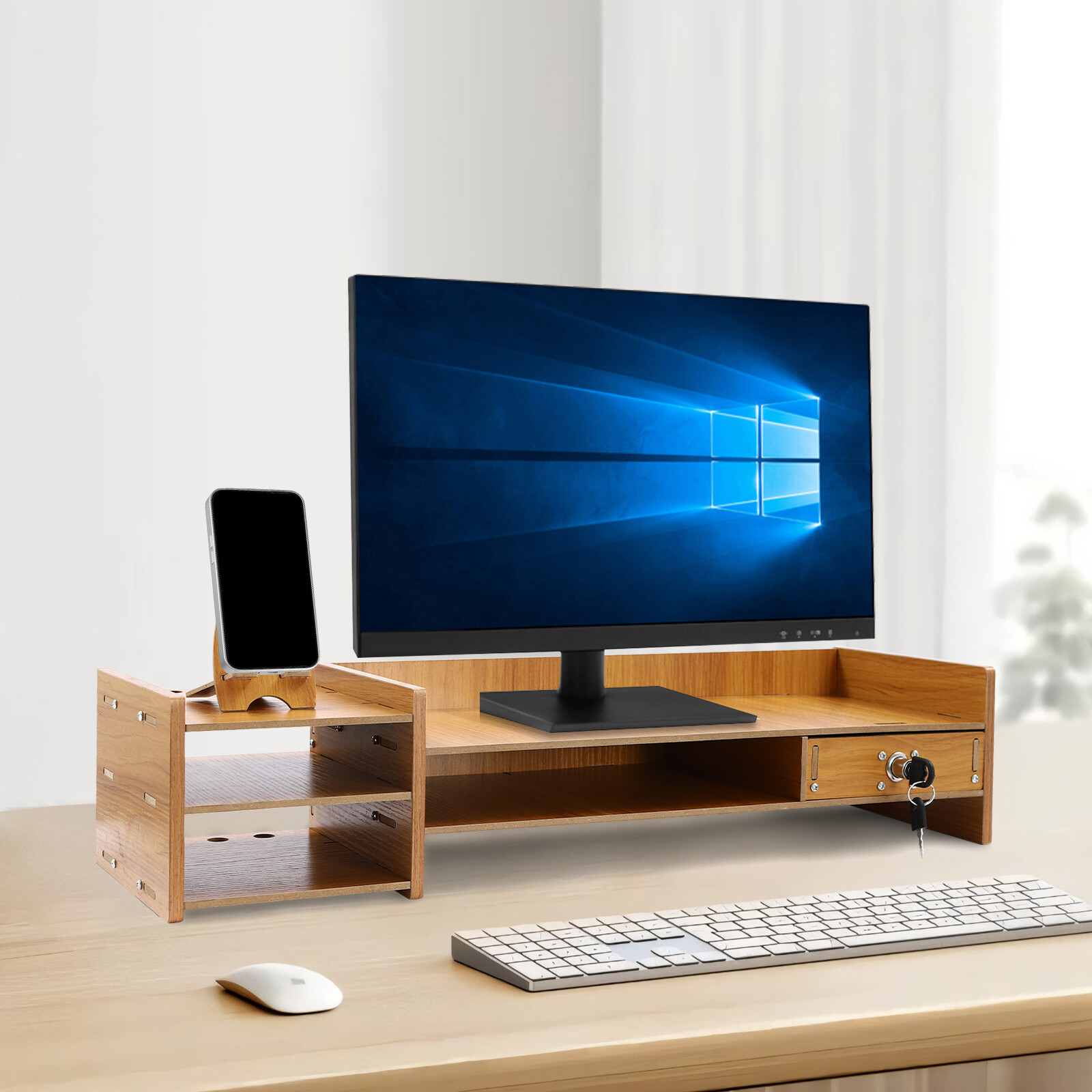 Wood Desk Organizer Stand W/Drawers Office Desktop Storage Monitor Holder Stand