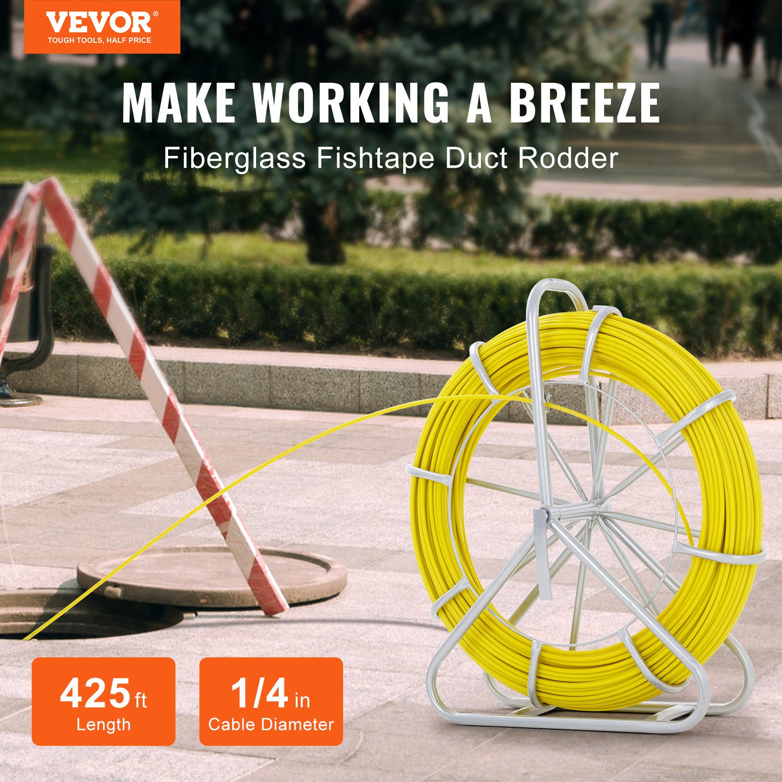 Fiberglass Fish Tape 425Ft 1/4" Wire Puller Duct Rodder Reel Non-Conductive