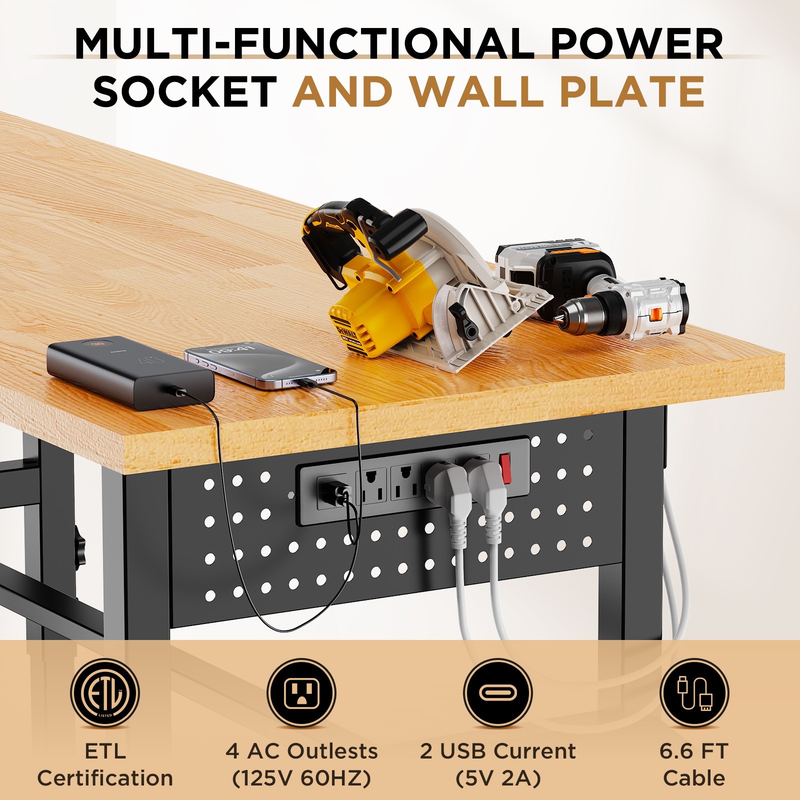 Adjustable 96" Workbench Solid Wood 2000lbs Power Outlet Pegboard Storage