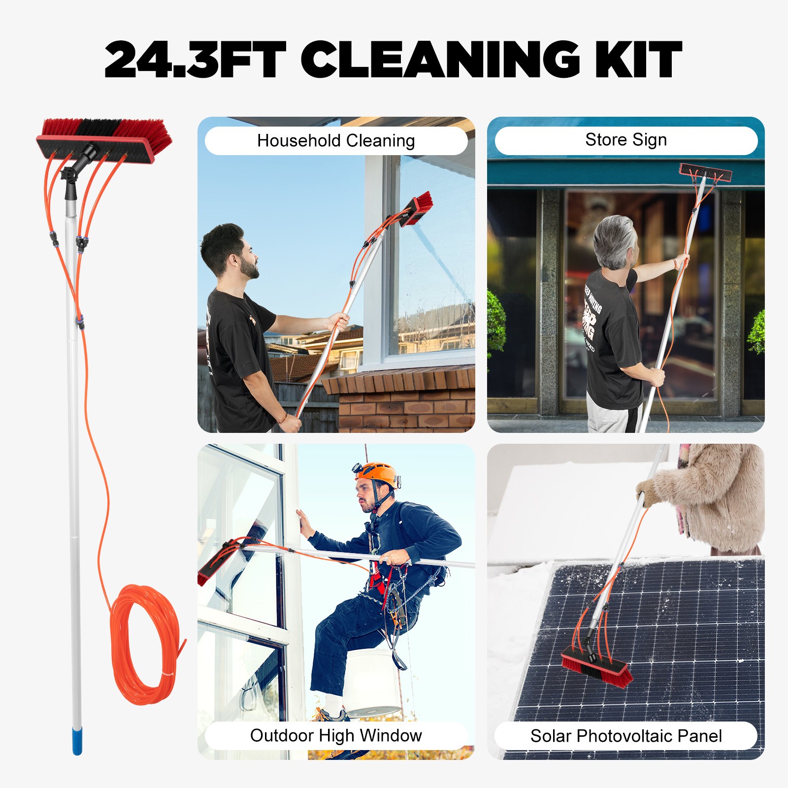 26ft Water Fed Brush for Window Solar Panel Cleaning Washing High-Altitude Clean