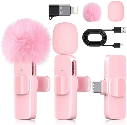 Pink Mini Wireless Microphone for iPhone Android, Lavalier Microphone with N...