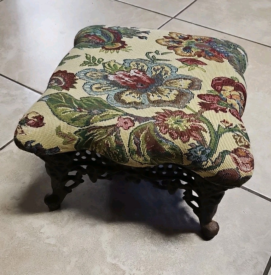 Vintage Heavy Ornate Cast Iron Floral Tapestry Foot Stool