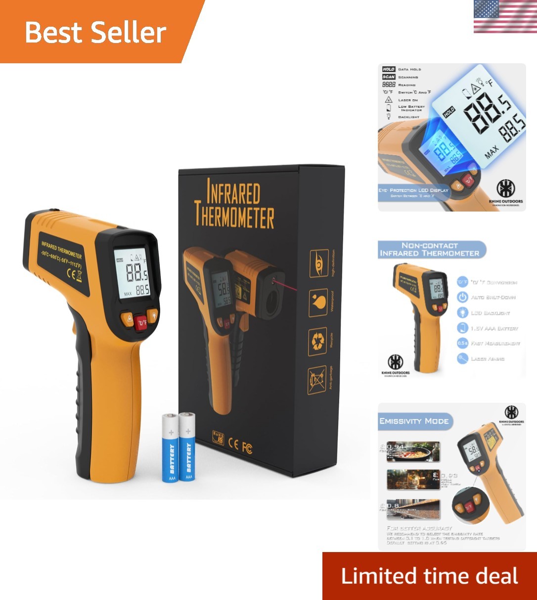 Advanced Laser Temperature Gun with 12:1 Spot Ratio & Eye-Protect LCD Display