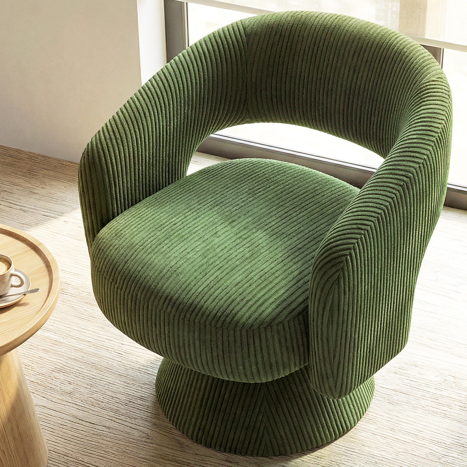 Swivel Barrel Chair, Modern Corduroy Accent Chair with Thick Padding, Green