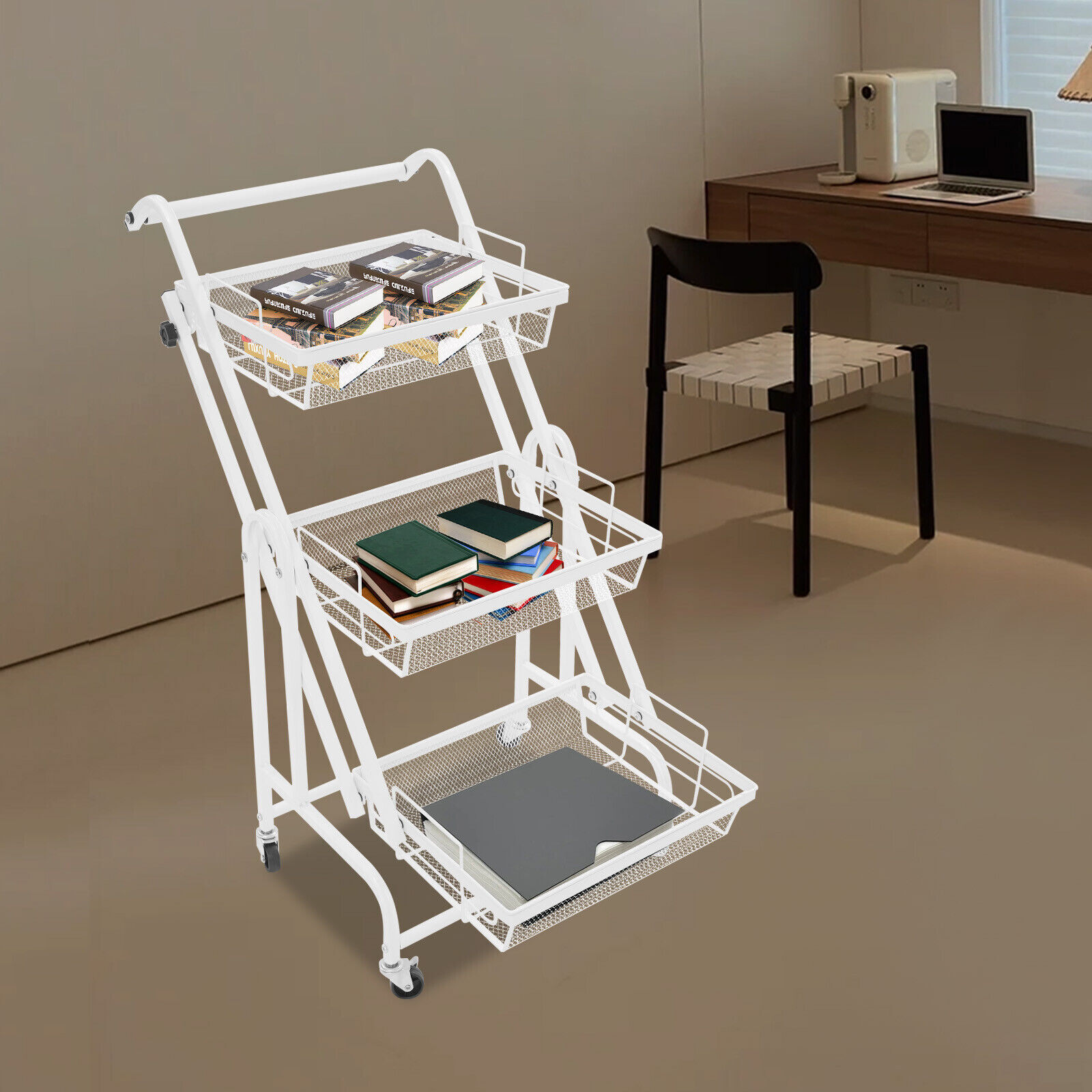 3-Tier Multi-Functional Storage Cart Metal Rolling Utility Cart White Adjustable