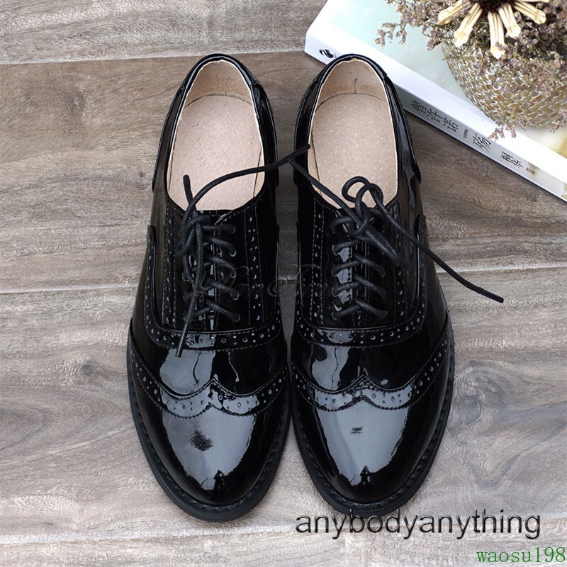 Women Real Leather Oxfords Shoes Wingtip Brogues Lace Up Shoes Casual Flat Shoes