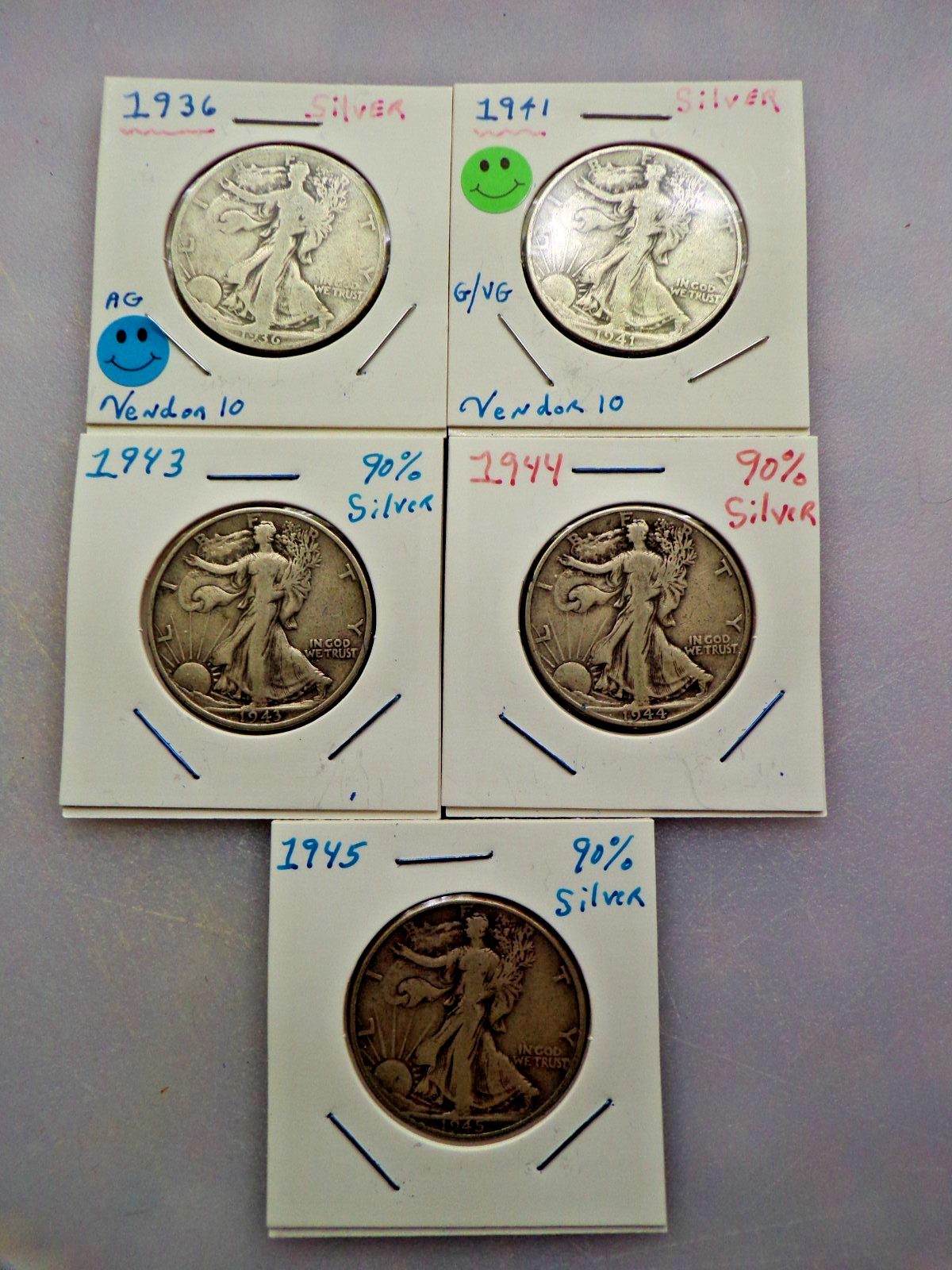 (5) SILVER WALKING LIBERTY HALF DOLLARS 1936 1941 1943 1944 1945 Walking Liberty