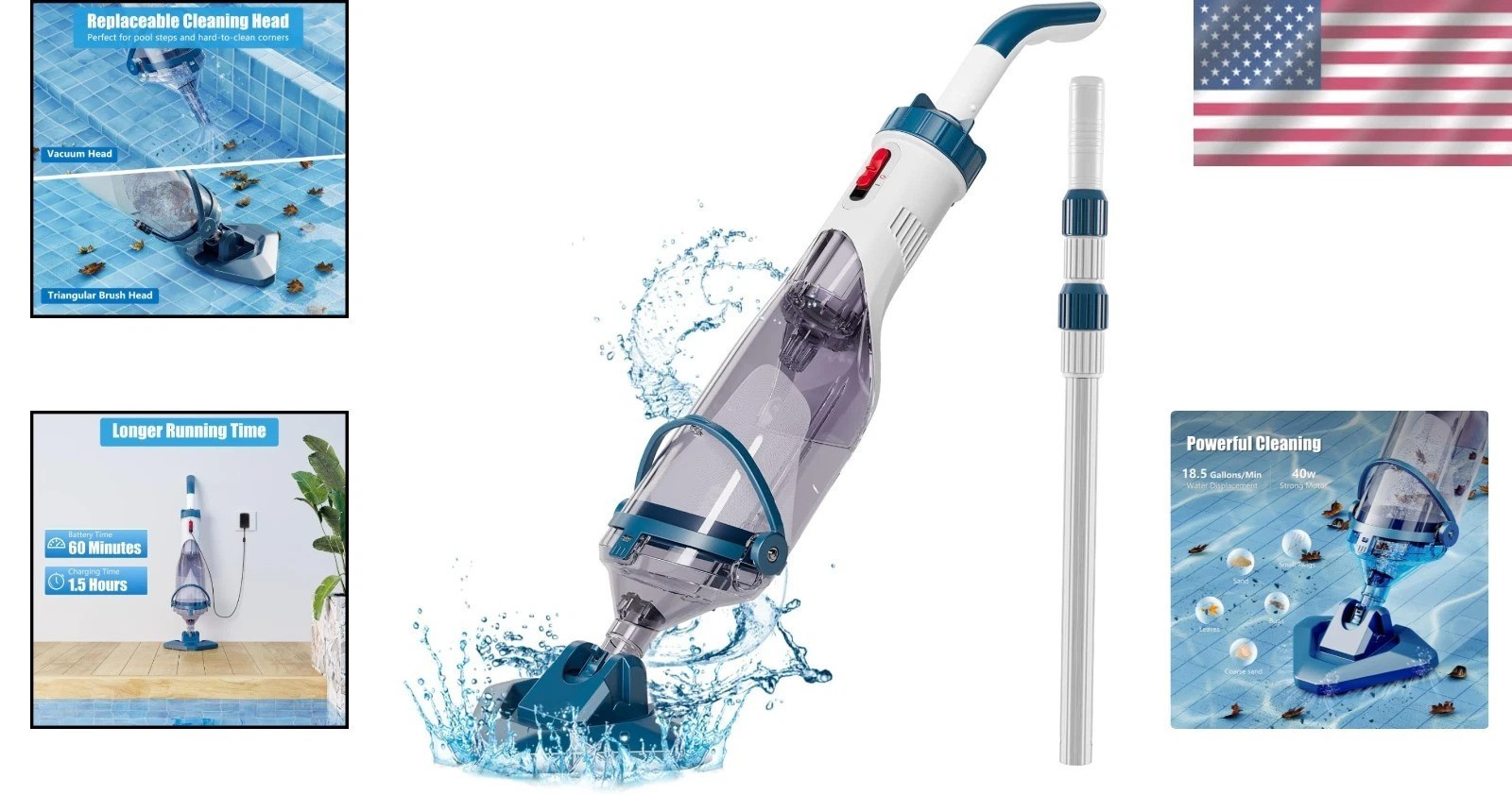 Rechargeable Pool Vacuum Cleaner with Telescopic Pole