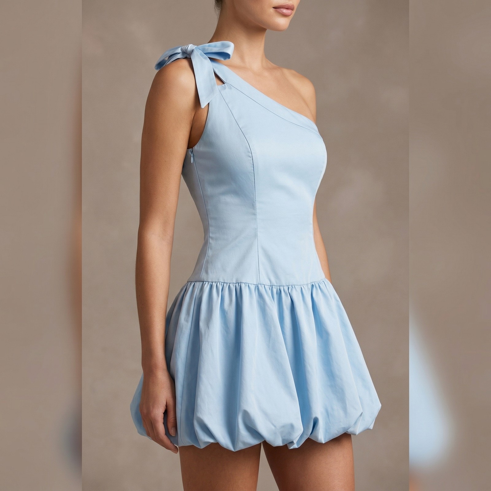 Boutique Women One Shoulder Bubble Hem Dress Light Blue Bow Mini Coquette S