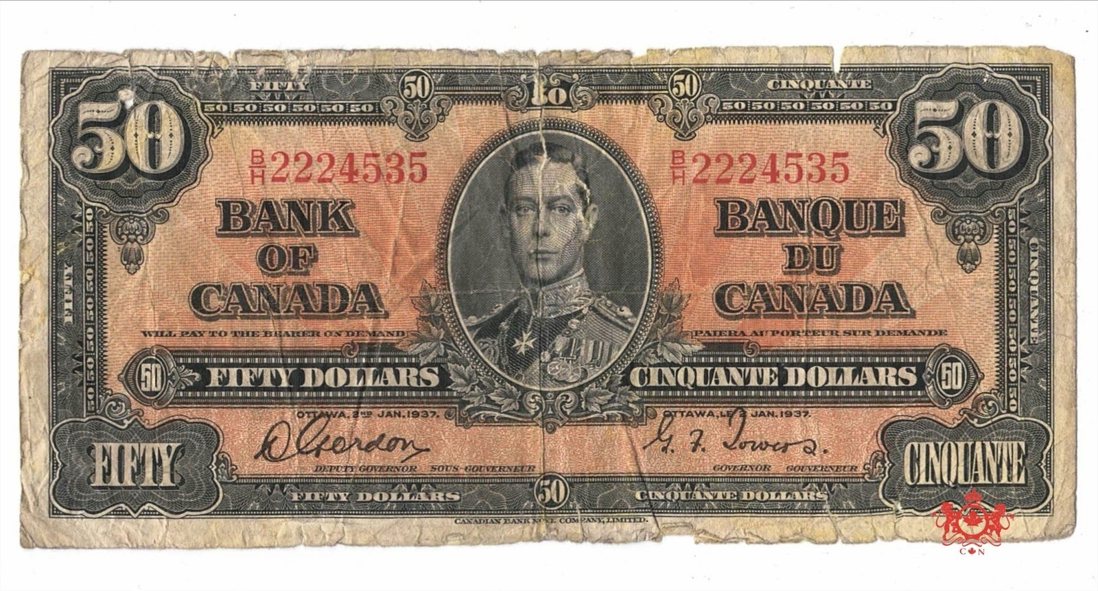1937 Bank Of Canada 50$ Gordon/Towers B/H2224535 - VG - Hole