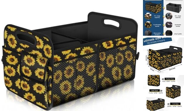Car Trunk Organizer with 72L Capacity Waterproof Collapsible Large Sunflower