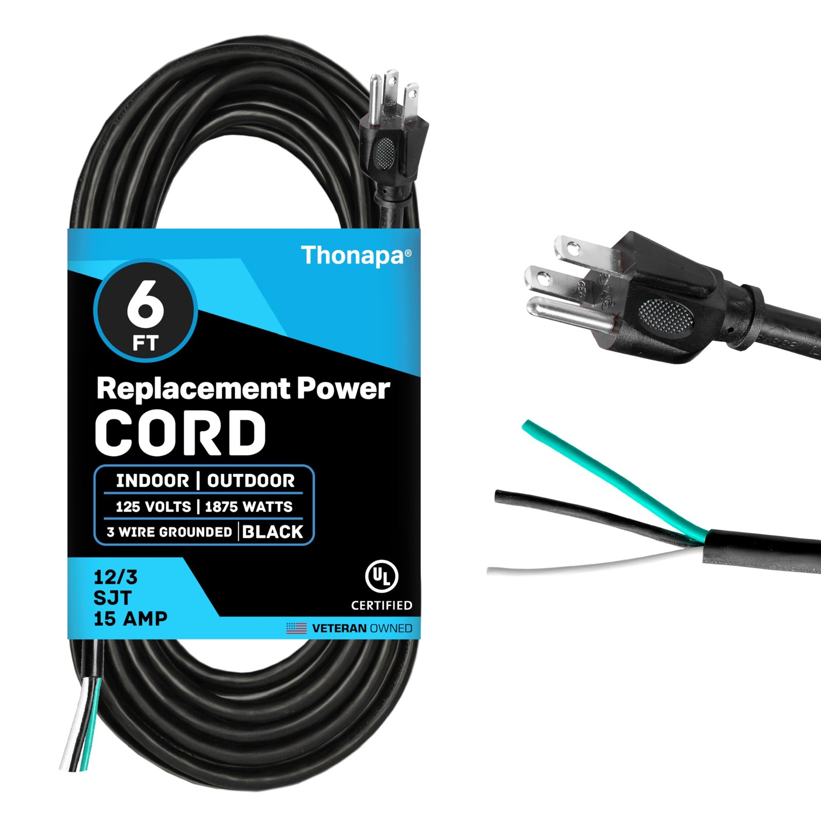 Thonapa 6 Foot Replacement Cord with Open End - Black 12 AWG Extension Cable