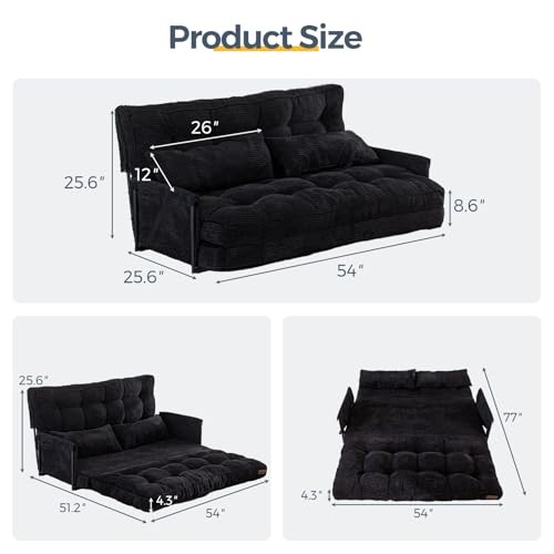 Adjustable Floor Sofa Couch with 2 Pillows, Multi Loveseat Corded-black