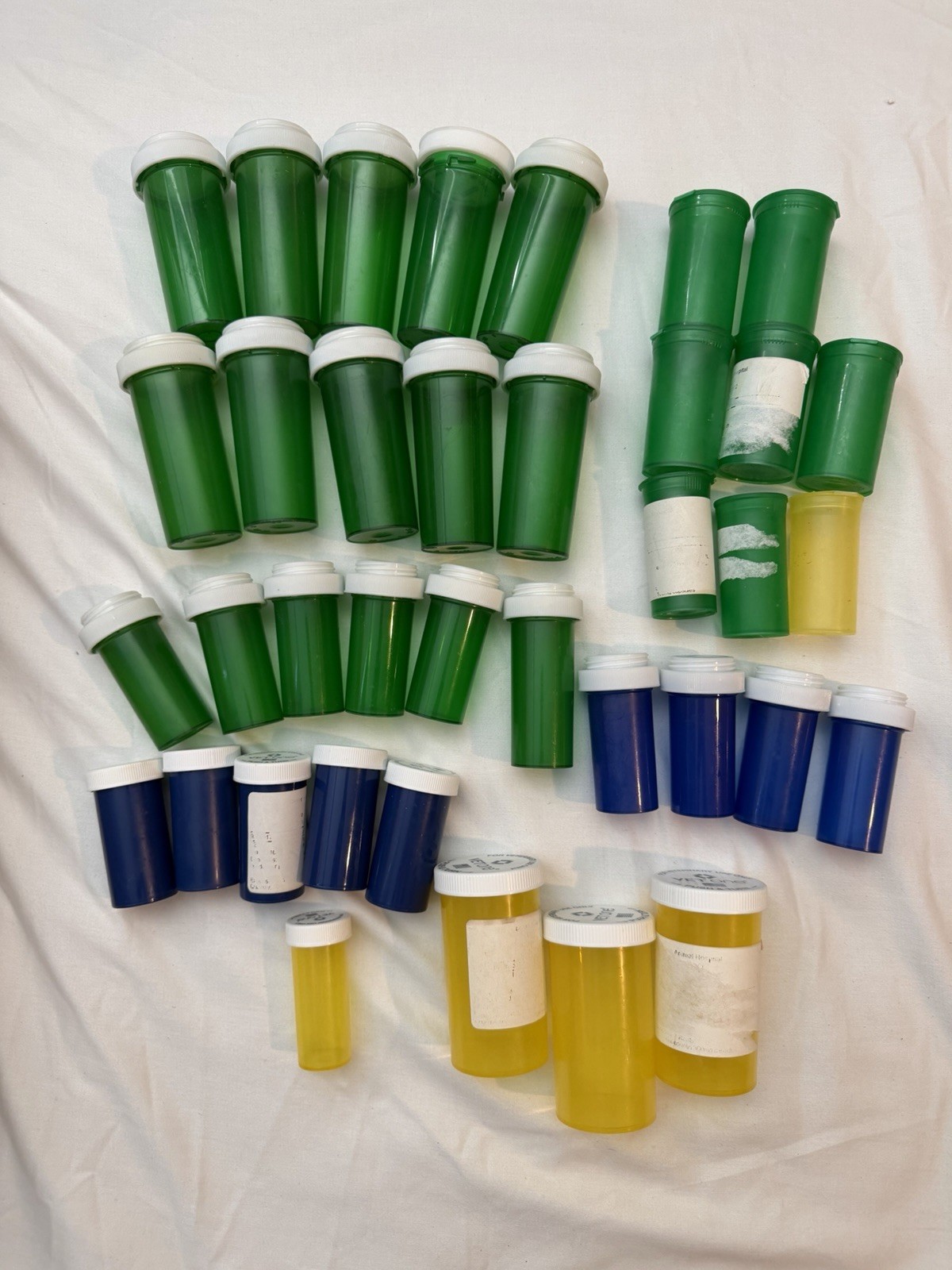 Lot Of 37 Blue Green And Yellow Pill Bottles Storage Crafts Organization