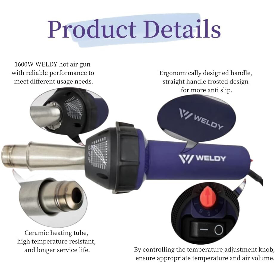Weldy 1600W Plastic Welder Kit with Hot Air Gun, Welding Tip & Nozzles – for PVC