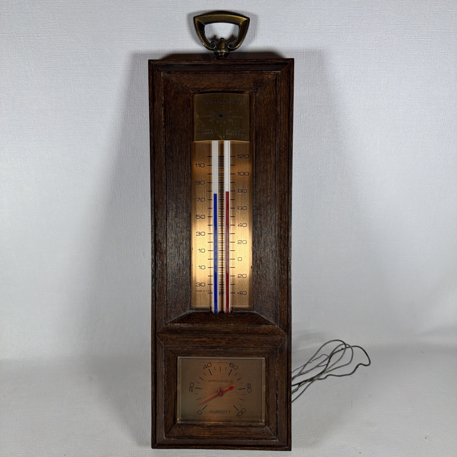Vintage SPRINGFIELD Indoor Outdoor Thermometer & Hygrometer 15.5" Wood Look