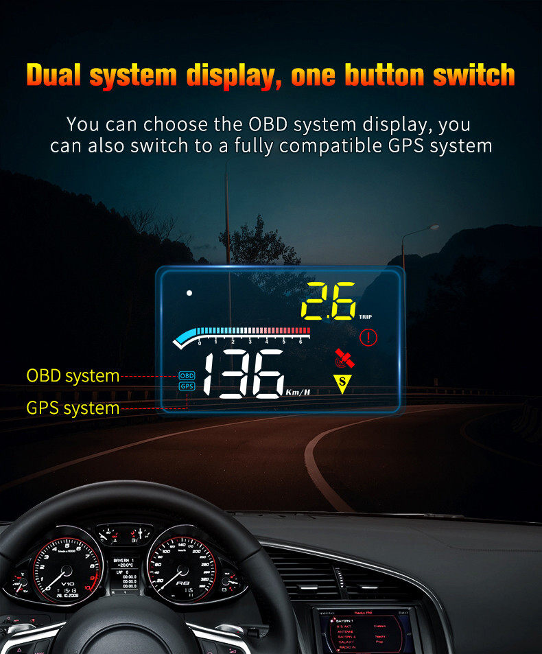 Car HUD Digital Speedometer Projector Head Up Display OBD2 GPS Overspeed Alarm