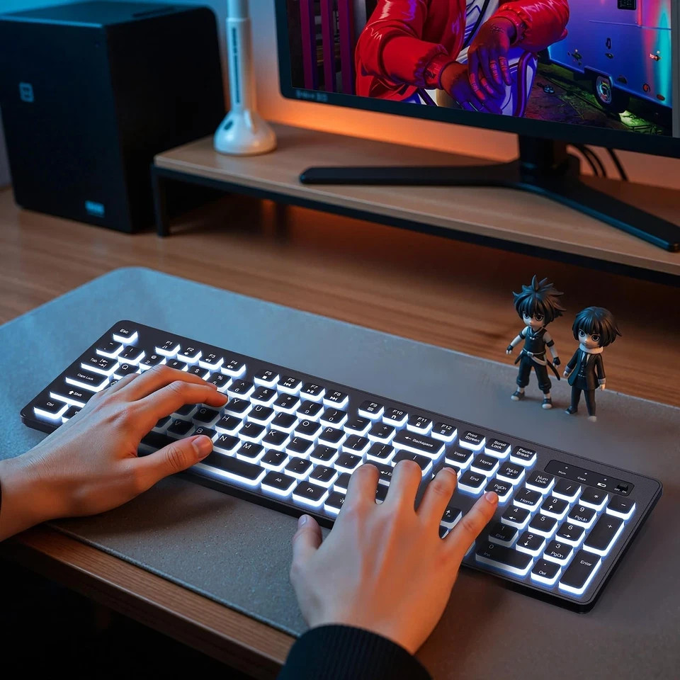 Backlit Wireless Keyboard, 2.4G Silent Wireless Light Up Keyboard, Full Size ...