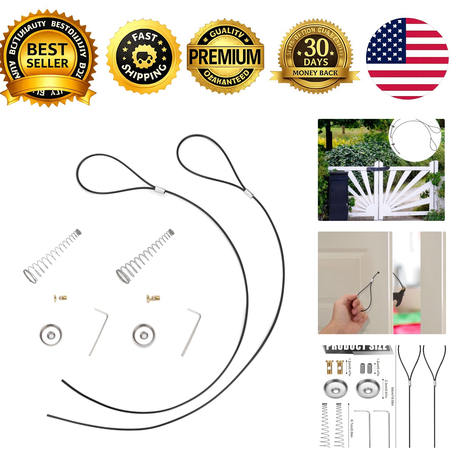 Gate Latch Pull Cord Cable String 2 Sets Black Adjustable 2-6 in for Metal