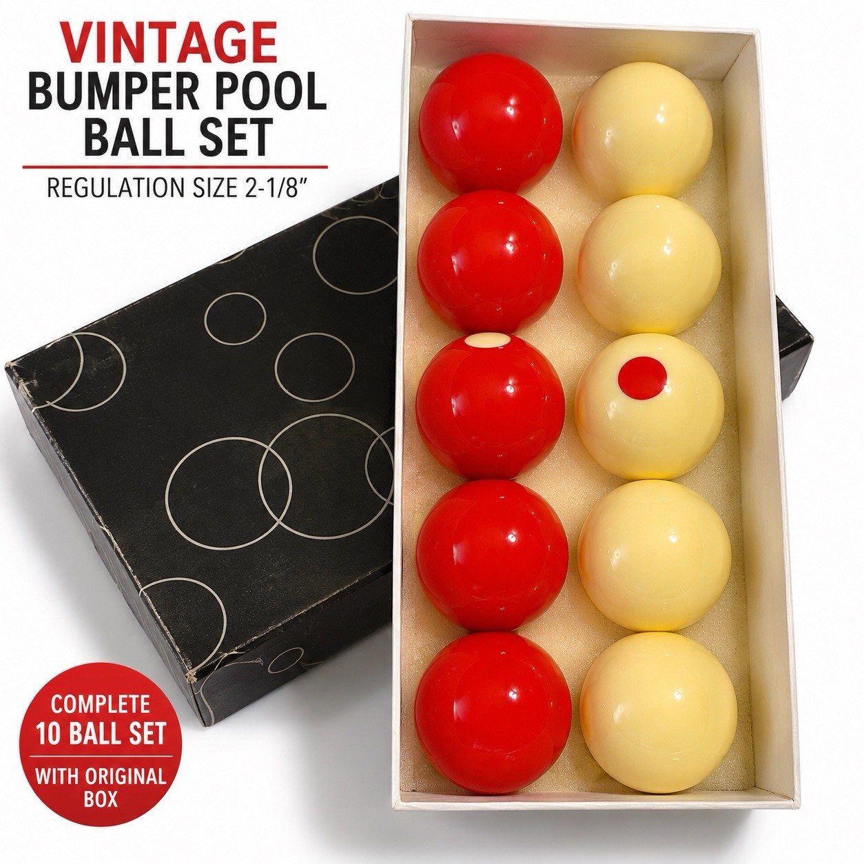 Vintage Set of 10 Snooker Bumper Pool Balls REGULATION SIZE Red & White