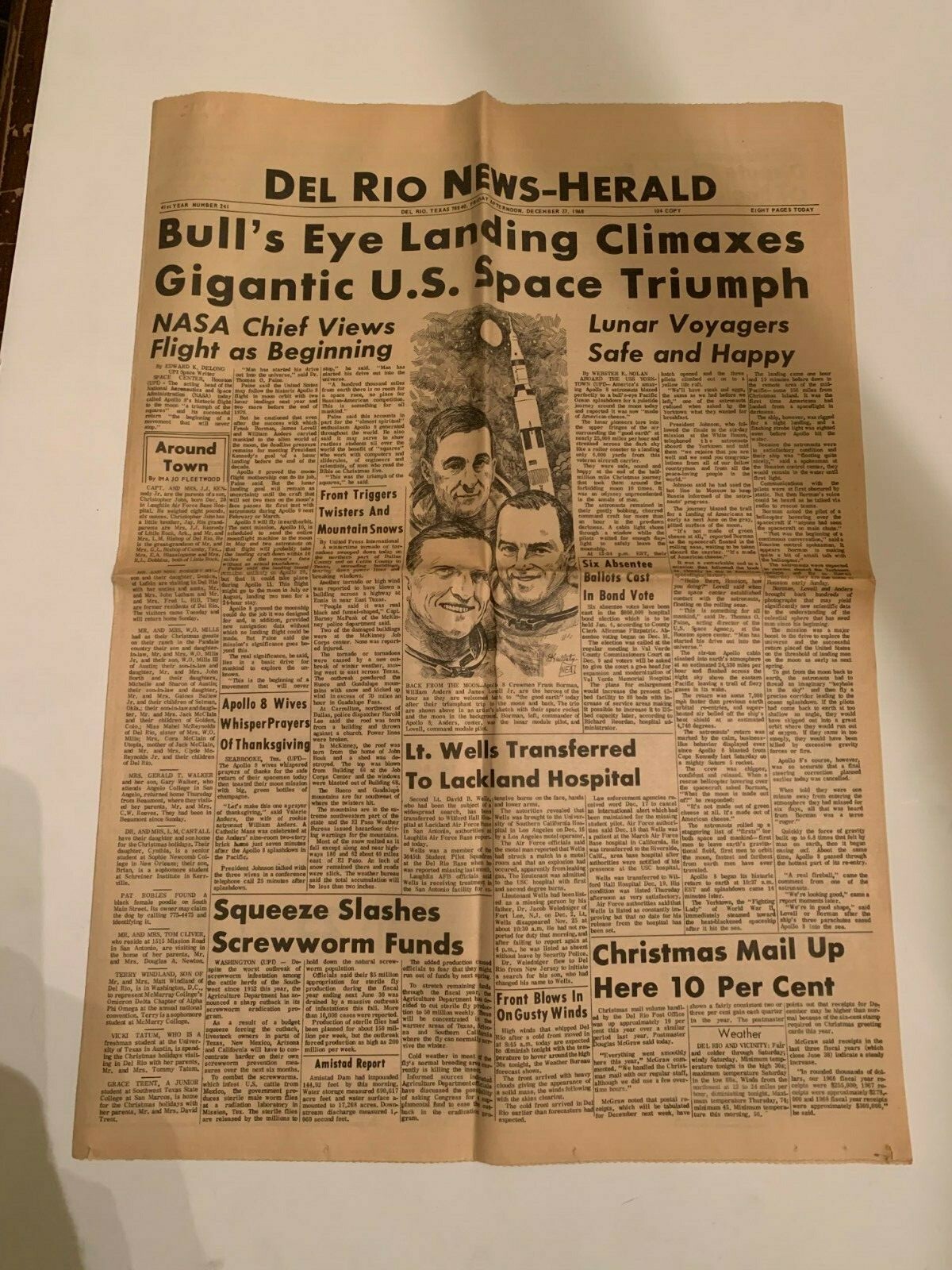 1968 Del Rio News Herald Texas Newspaper Gigantic US Space Triumph