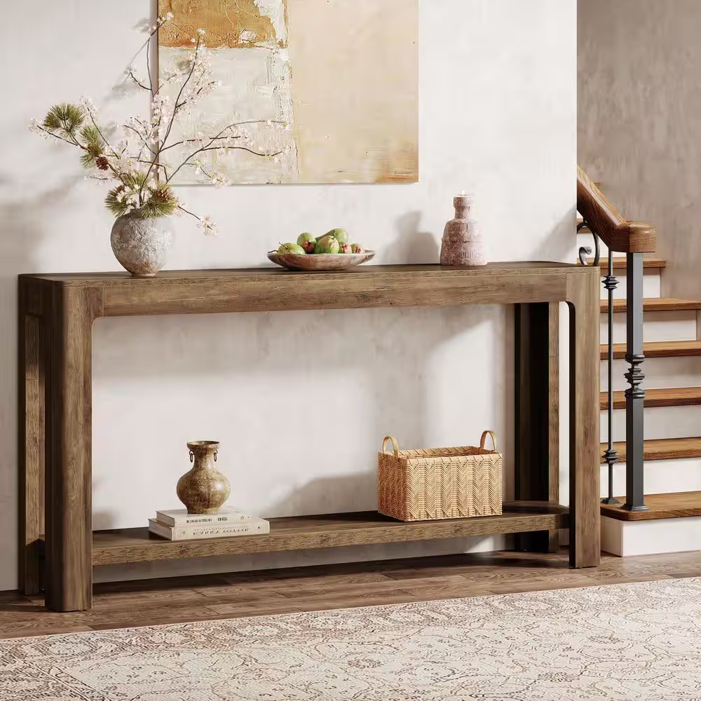 Turrella 63 In. Rustic Brown Rectangle Wood Console Table with 2-Tier for Storag