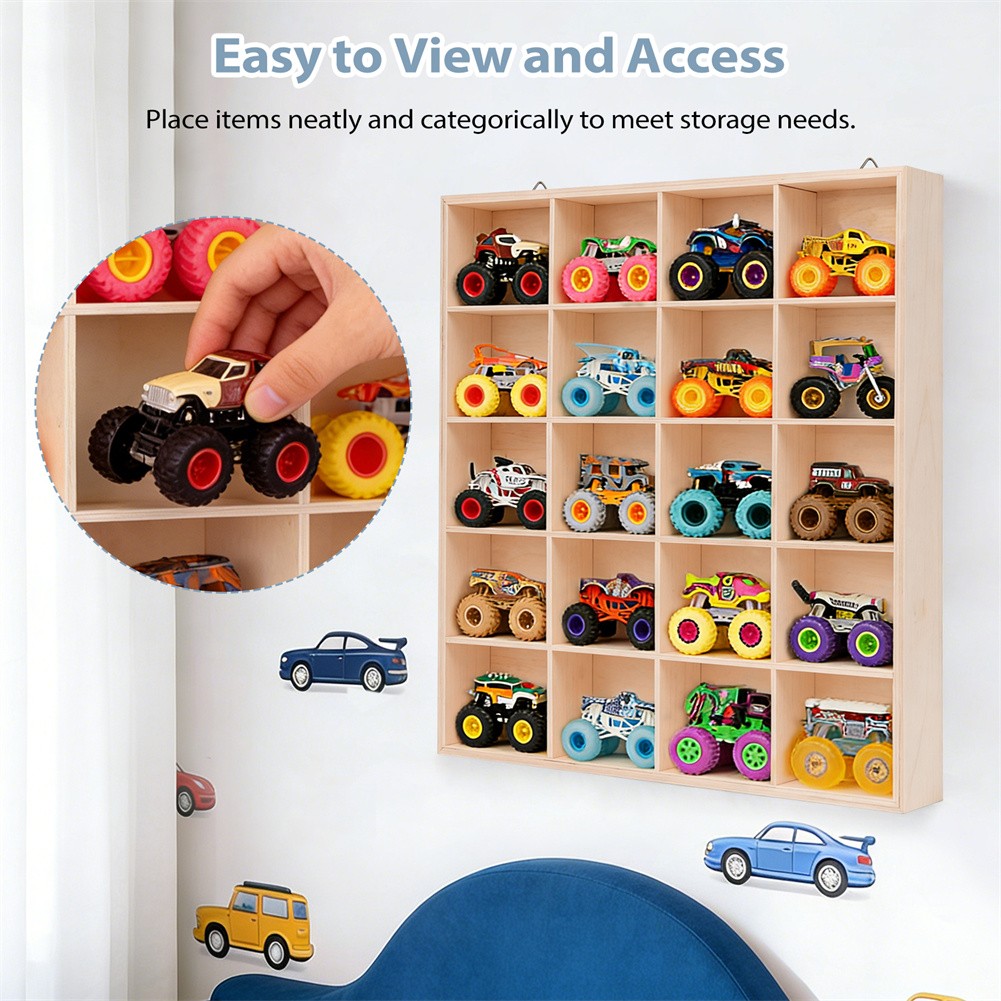 Wood Display Case 20-Slot Organizer for Monster Trucks Storage Wall-Mountable