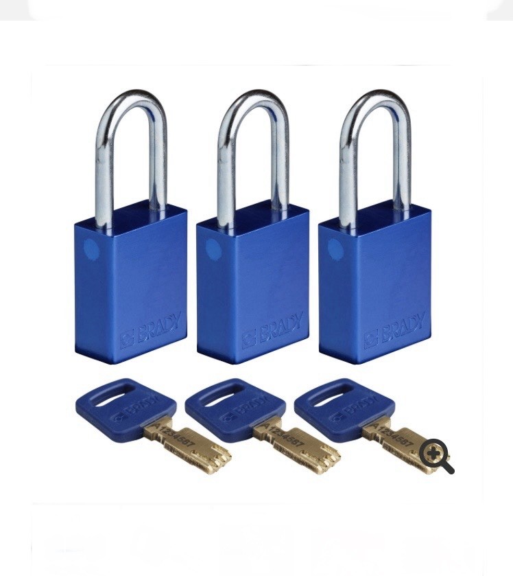 Lockout Padlock, Keyed Alike, Aluminum, Blue W/Keys, 3PK