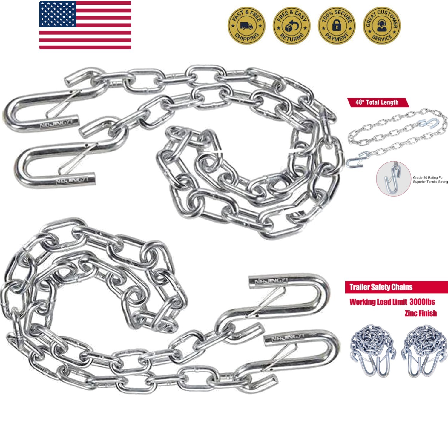 3/16" X 48" Trailer Safety Chain with Spring Clips Grade 30 with 2 S Hook 2PC...