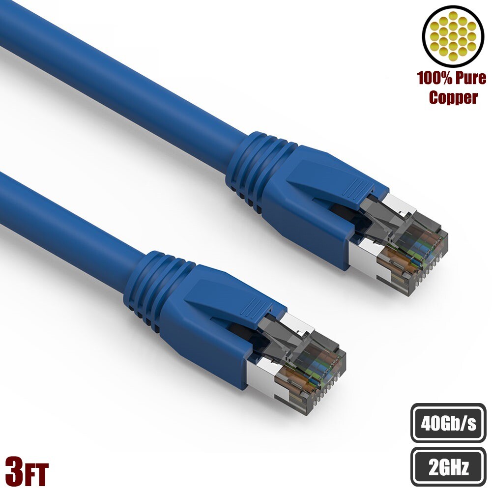 3FT Cat8 RJ45 Network LAN Ethernet Patch Cable S/FTP Copper Wire 2GHz 40Gb Blue