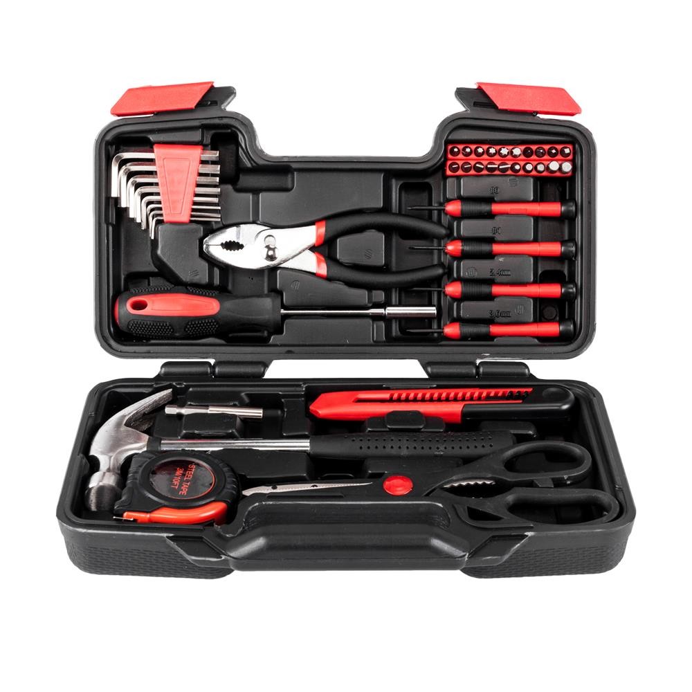New 39 PCS Red Tool Set General Household Hand Tool Kit with Plastic Toolbox