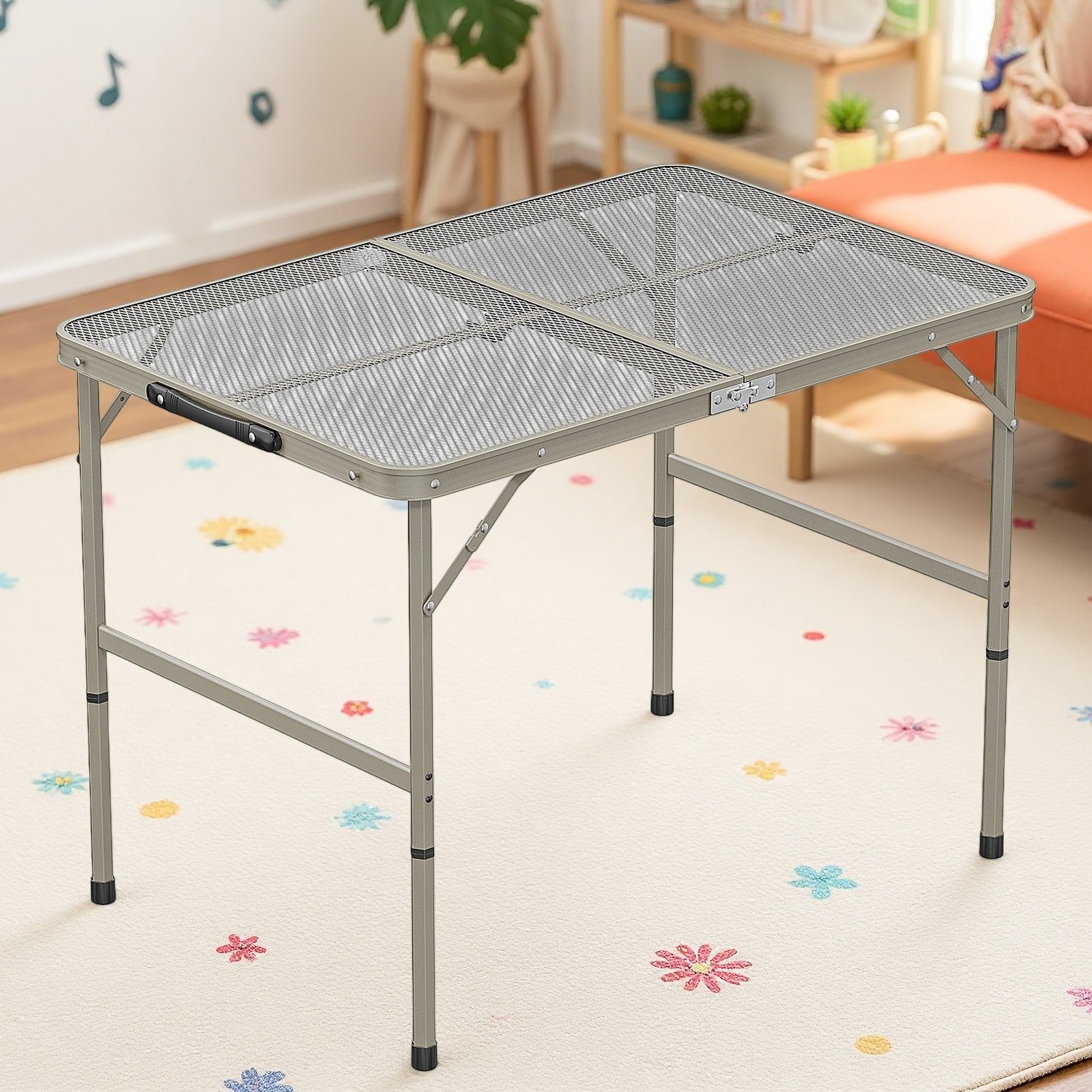 3ft Folding Camping Wire Mesh Table - Adjustable Aluminum Frame Picnic Dark Gray