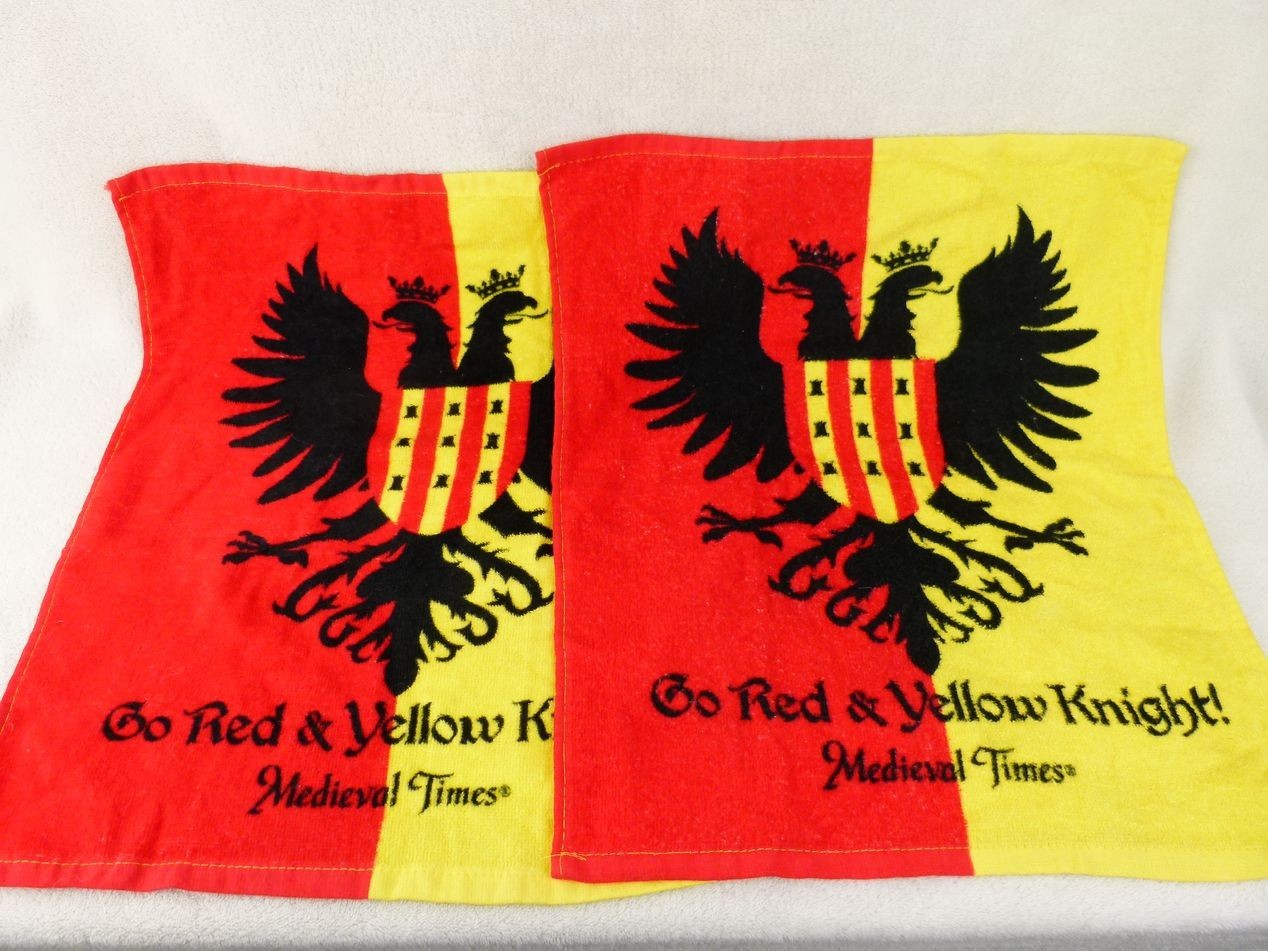 Lot of 2 Medieval Times Go Red & Yellow Knight Cotton Hand Towels 15x17