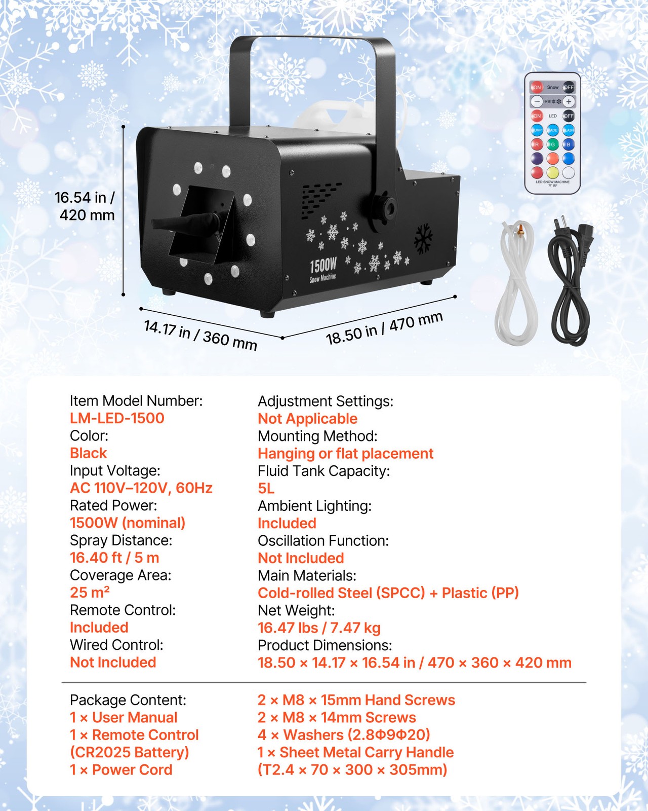 VEVOR 1500W Snow Machine with LED Light Handheld Hanging Remote & DMX512 Control
