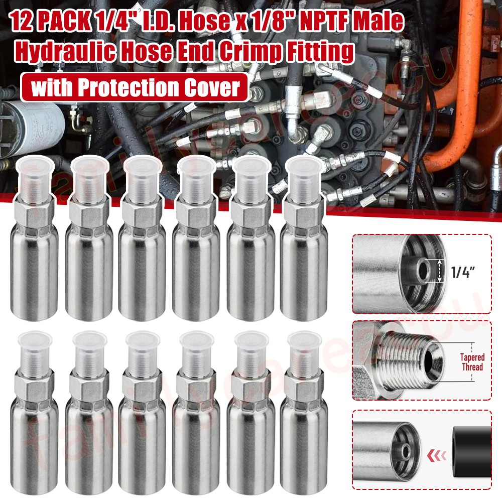 12 Pack 1/8" NPTF Hydraulic Hose Crimp Fittings, 1/4" I.D. Hose x 1/8" NPTF Male